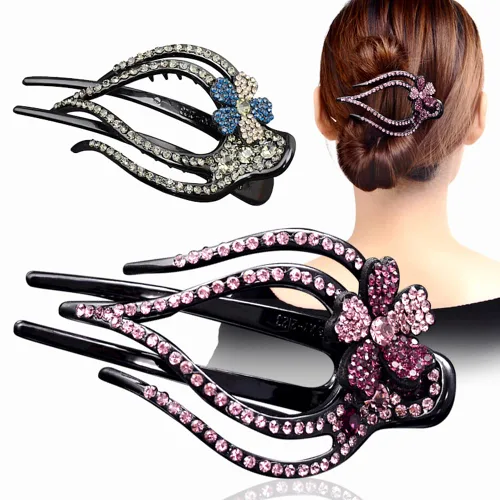 Vista 3 de 2 pinzas para el cabello con diamantes de imitación en forma de corazón, pasadores de cola de caballo con diseño decorativo (flor de lum -C)