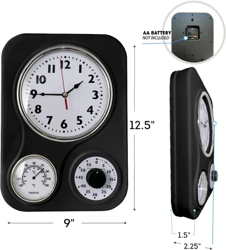 Vista 2 de Lily's Home - 9.5 pulgadas x 12.5 pulgadas - Reloj de pared retro para cocina, reloj de pared vintage con termómetro y temporizador de 60 minutos
