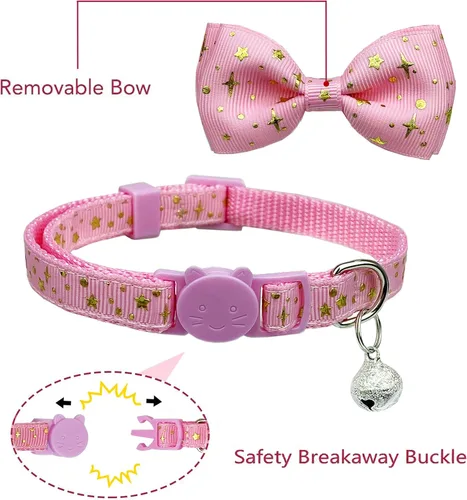 Vista 2 de Pohshido Paquete de 2 collares de gato con pajarita y campana, collar de gatito estrellado para machos, hembras, niños y niñas, gatos (rosa y negro)
