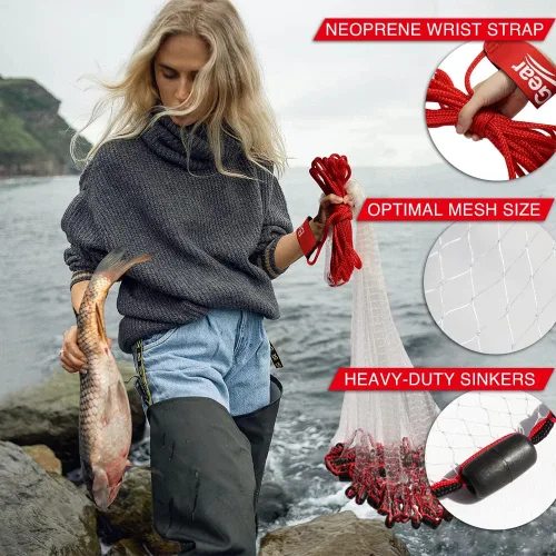 Vista 3 de BasicGear Red de Atarraya Radio de 3-12 pies, malla de 3/8 o 1/4 pulgadas para peces de cebo de agua dulce y salada Grado profesional