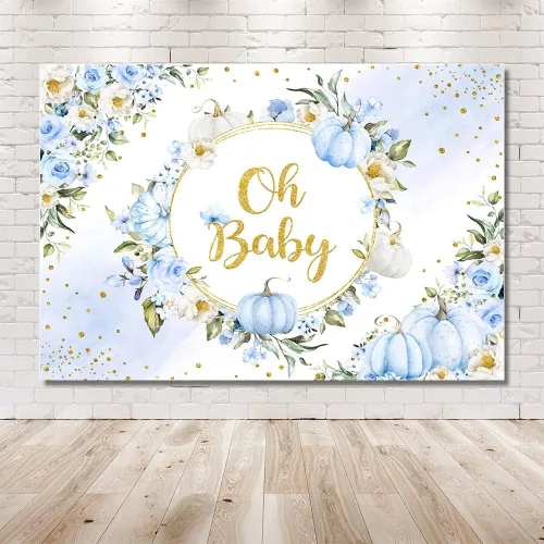 Vista 6 de MEHOFOND Fondo de otoño de 7 x 5 pies con diseño de calabaza Oh Baby en colores pastel, acuarela, azul, floral, recién nacido, baby shower