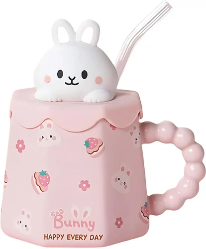 Vista 10 de Taza GawmFoiuy Mark con pajita, taza de cerámica con estampado de animales, 414 ml, tazas de café y té kawaii, tazas de animales divertidas, taza
