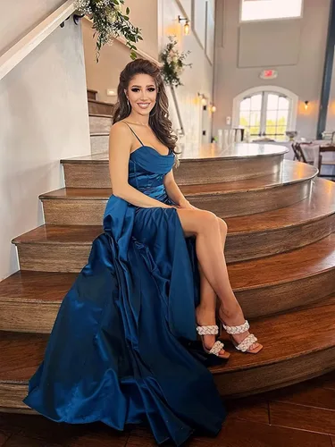 Vista 4 de Vestidos de baile de graduación de satén para mujer 2024, vestido largo de fiesta de sirena, vestido de noche formal con abertura