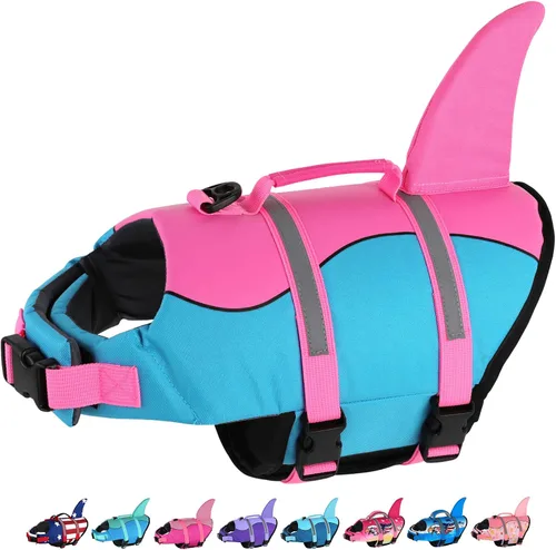 Vista 19 de Dogcheer - Chaleco salvavidas para perros, lindo diseño de tiburón para natación y navegación con flotabilidad superior y asa de rescate, chaleco