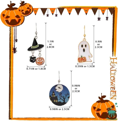 Vista 7 de Madison Tyler Aretes de Halloween para mujer, esqueleto, calavera, fantasma, calabaza, telaraña, sombrero de mago, truco o trato, aretes colgantes