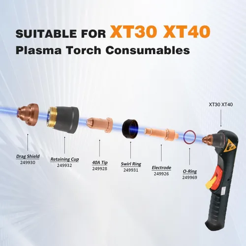 Vista 3 de WeldingStop 10 piezas de corte por plasma XT40 Antorcha Consumibles Electrodo 249926 Boquilla 40A 249928 Punta para Miller