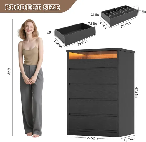 Vista 2 de Jocoevol - Cómoda más grande negra de 5 cajones para dormitorio con luz LED, cómoda moderna de madera con tiradores ocultos, cómoda alta para sala