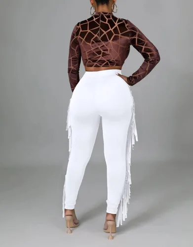 Vista 5 de Choichic Pantalones casuales de cintura alta con flecos y cintura elástica para mujer, pantalones deportivos largos con borlas laterales