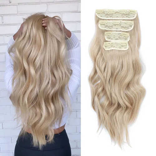 Vista 10 de Extensiones de cabello ondulado largo con clip, 4 piezas de extensiones de cabello sintético grueso con clip, para mujer (#4)