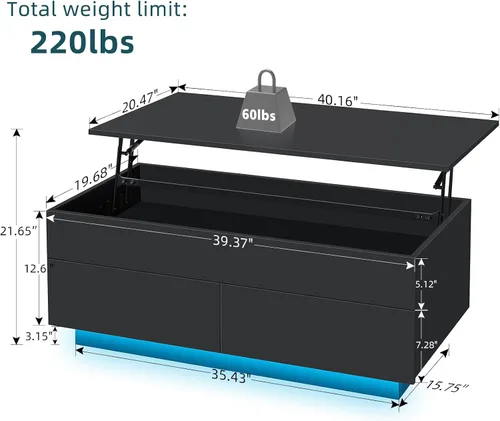 Vista 2 de HOMMPA Mesa de centro elevable de 40 pulgadas, mesas de centro negras con almacenamiento para sala de estar, mesa de centro moderna LED, mesa