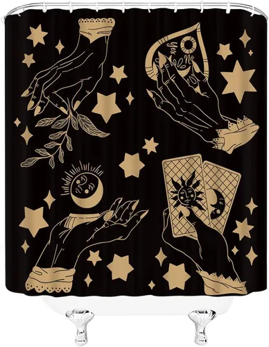 Vista 3 de GCTNBJL Cortina de ducha de bruja, diseño de palmistría, espeluznante Ouija, sol, luna, hojas de mano, estrella, bohemio, tarot, magia, alquimia