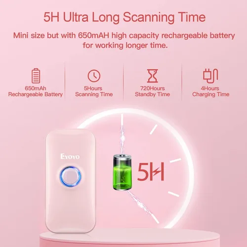 Vista 6 de Eyoyo - Mini escáner de código de barras Bluetooth portátil 1D inalámbrico, color rosa