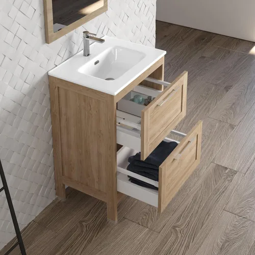 Vista 3 de DAX Lakeside - Tocador individual de madera y porcelana con lavabo Onix, 24 pulgadas, roble