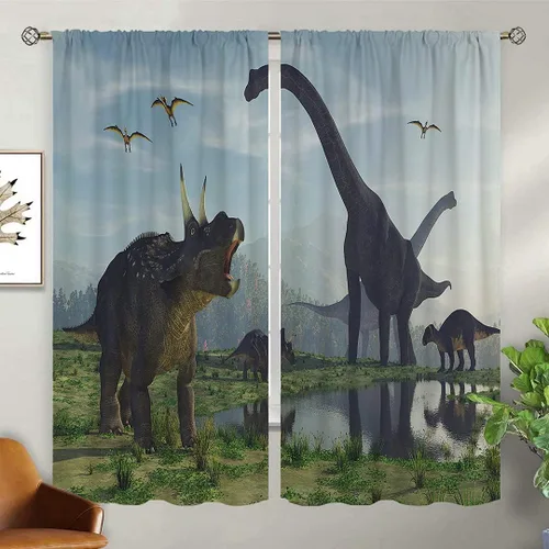 Vista 5 de Cortinas opacas de dinosaurios 3D para decoración del hogar, grupo de dinosaurios en el bosque primitivo, con bolsillo para barra, cortinas