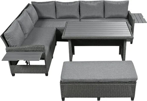 Vista 3 de Juego de conversación para patio, juego de sofá modular de 5 piezas, juego de muebles de mimbre de ratán PE con 2 mesas laterales extensibles