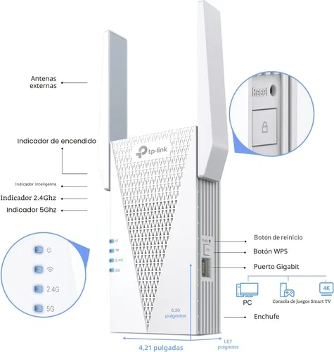 Vista 5 de TP-Link Extensor de alcance WiFi 6 AX3000 Elección del editor de PCMag Repetidor inalámbrico de doble banda con puerto Ethernet Hasta 2400