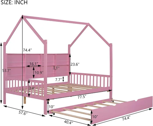 Vista 2 de Harper & Bright Designs Cama de casa de tamaño matrimonial con nido, marco de cama matrimonial de madera con compartimento para estantes, cama