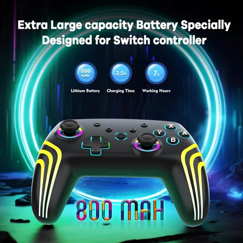 Vista 5 de MYSTILUCK Wireless Pro Controller for Switch/Switch 2/Lite/OLED/PC, Gamepad with 7 Color-Changing RGB Lighting/Dual Vibration/6-Axis