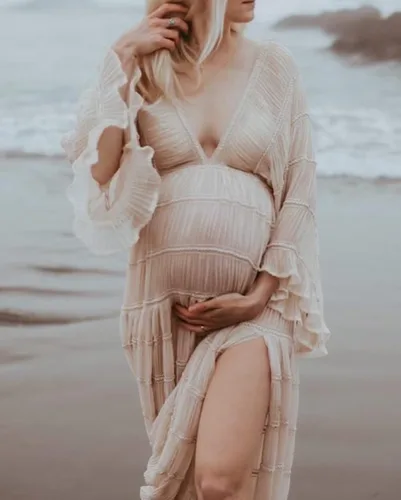 Vista 3 de Sevintage Bata de maternidad para sesión de fotos, tul con cuello en V, manga larga, con volantes, embarazo, baby shower, lencería nupcial