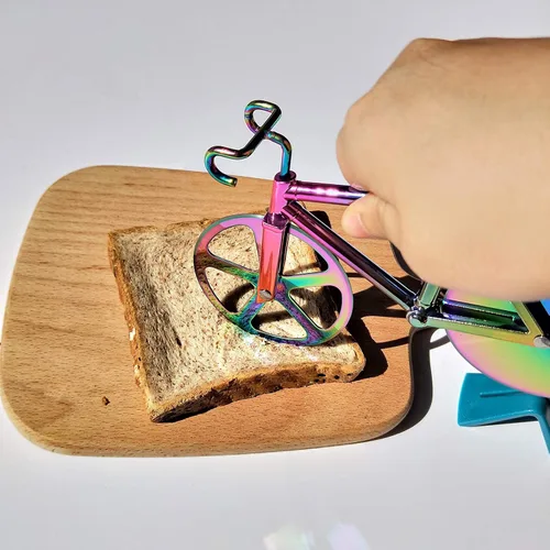 Vista 4 de Partim - Rueda cortadora de pizza con forma de bicicleta, de acero inoxidable, con pala y soporte para pizza, rueda de corte doble antiadherente