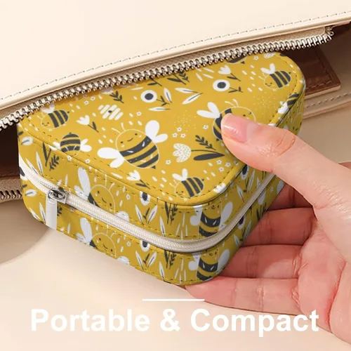 Vista 8 de Caja de almacenamiento de joyería infantil de miel de abeja para niñas, organizador pequeño, estuche de joyería portátil de viaje de cuero