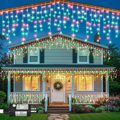 Vista 18 de Luces de carámbano, luces de Navidad de 33 pies con 400 LED, 75 caídas, 8 modos, enchufable e impermeable, para festividades, boda, fiesta, hogar