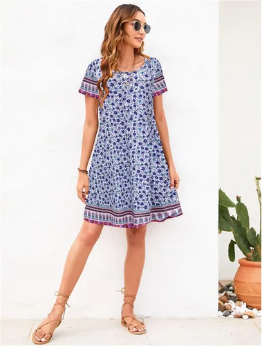 Vista 6 de Sherosa - Vestido de verano sin mangas o con manga corta, estampado floral, con bolsillos, casual, suelto, con vuelo, vestido estilo camiseta