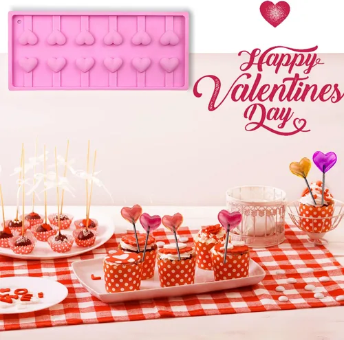 Vista 3 de Molde de silicona de caramelo de piruleta de corazón para el día de San Valentín, molde en forma de corazón de 12 agujeros para el día de San