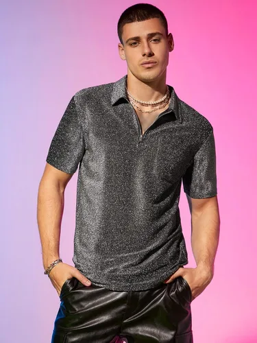 Vista 3 de WDIRARA Camisa de manga corta con cuello de solapa y cremallera para hombre