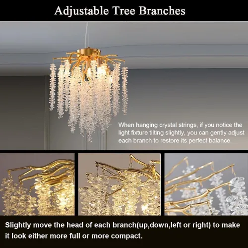 Vista 3 de Candelabro de Cristal Rama de Árbol Dorado Gota de Lluvia Redonda Lámpara Colgante con Borla Luminaria de Techo Colgante para Dormitorio Sala