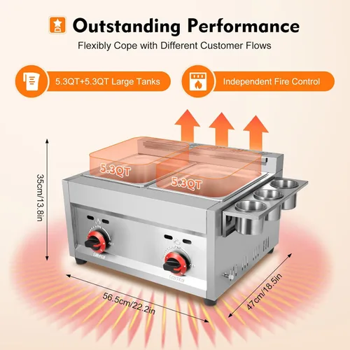 Vista 6 de Freidora comercial de gas, cocina de acero inoxidable para encimera de 12 litros con 2 cestas extraíbles de 6 litros, freidora grande de doble