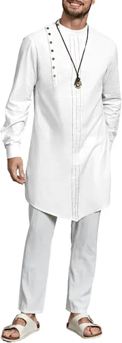 Vista 4 de Kaftan Thobe - Bata de manga larga para hombre, casual, algodón, lino, con botones, camisa musulmana Blanco
