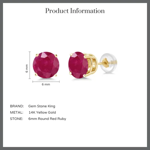 Vista 5 de Gem Stone King Pendientes de tuerca de oro amarillo de 14 quilates y rojo rubí de 2.00 quilates con piedra natal de piedras preciosas redondas