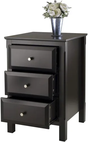 Vista 4 de Furnifact Mesa de acento negra compacta, Mesita de noche de un solo cajón, muebles de dormitorio de madera compuesta, mesa auxiliar pequeña