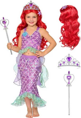 Vista 10 de G.C Disfraz de sirena para niñas de 2 a 7 años, fiesta de princesa, Halloween, cumpleaños, cosplay