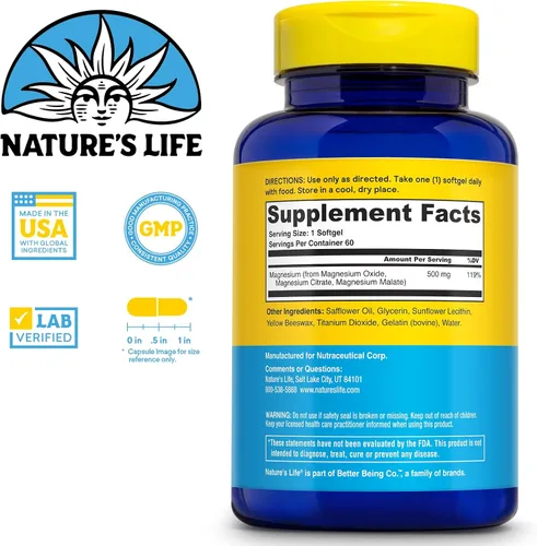 Vista 2 de NATURE'S LIFE SoftMag 500 mg Complejo de Magnesio - Apoyo a la salud ósea, muscular y cardíaca - Cápsulas blandas fáciles de tragar - Garantía de 60