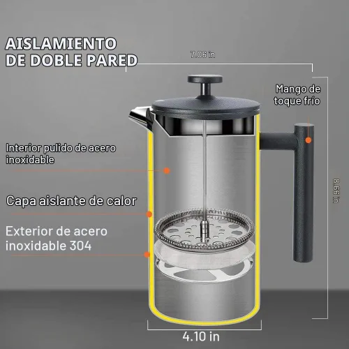 Vista 4 de Secura - Cafetera de prensa francesa de acero inoxidable 304 con 2 filtros adicionales Negro