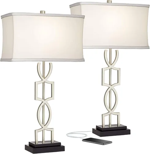 Vista 2 de 360 Lighting Evan - Juego de 2 lámparas de mesa modernas de 28 1/2 pulgadas de alto con puerto de carga USB, níquel cepillado, plateado, blanco