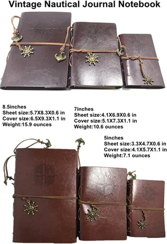 Vista 3 de Ailifly Cuaderno de escritura de cuero náutico vintage, hojas sueltas en blanco, recargable, diario de viaje en relieve, cuaderno en espiral