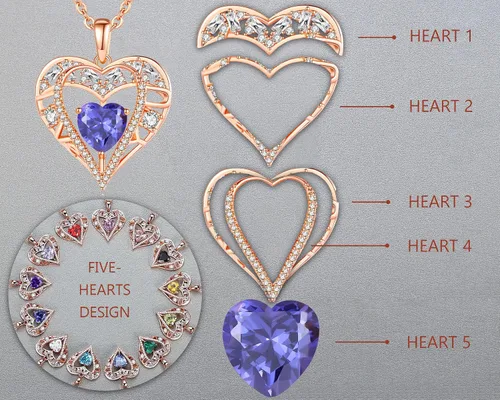 Vista 106 de Collar de cristal de 5 corazones, chapado en oro rosa de 18 quilates, colgante con cadena de plata de ley 925 de 18 + 2 pulgadas, joyería de piedra
