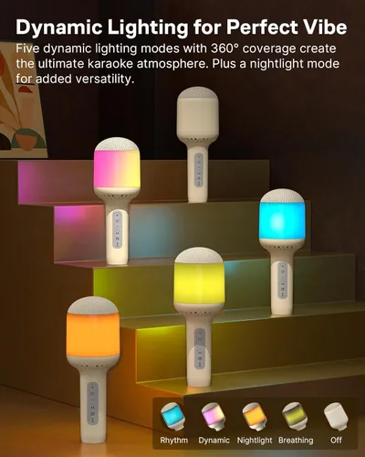 Vista 6 de Micrófono de karaoke inalámbrico Bluetooth con luces dinámicas, micrófono de mano portátil, 6 efectos de sonido, batería de 10 horas, perfecto