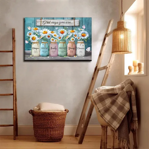 Vista 5 de Lienzo floral enmarcado, arte para la pared, con versículos de la Biblia, con texto en inglés "God Says You are", póster de flores de margarita