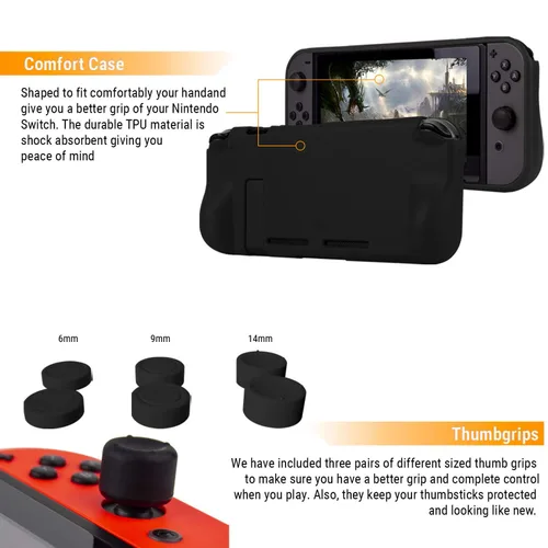 Vista 5 de Orzly Accessories Bundle Compatible with Nintendo Switch & OLED Case & Screen Protector, Joycon Grips & Racing Wheels, Controller Charge Dock