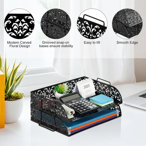 Vista 2 de EasyPAG, charola para escritorio de 2 niveles para cartas, diseño calado de flores, Negro