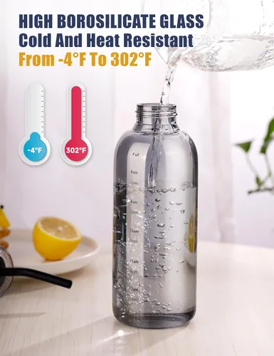 Vista 4 de NiHome Botella de agua de vidrio de 25 onzas / 25.4 fl oz con pajitas de metal, 2 tapas, gris ahumado High Borosilicate Glass Water Bottle with