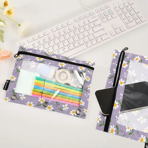 Vista 4 de Kigai Estuche para lápices para carpeta de 3 anillas, bonita bolsa de lápices con cremallera transparente para carpeta, bolsa de cosméticos, paquete