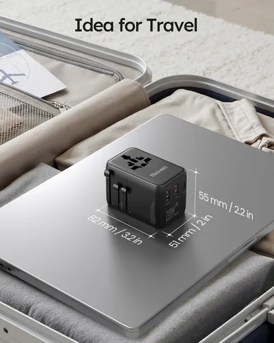 Vista 6 de Adaptador de viaje universal de 70 W, adaptador de corriente internacional Nekmit con cable de carga rápida USB C retráctil, enchufe de viaje de 6