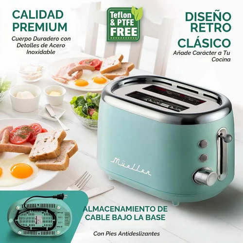 Vista 5 de Mueller Tostadora Retro de 2 Rebanadas con 7 Niveles de Dorado y 3 Funciones: Recalentar, Descongelar y Cancelar, Características de Acero