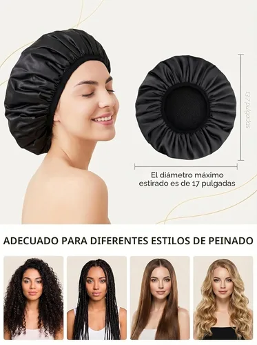 Vista 2 de Aquior Gorro de ducha con forro de rizo para mujer, reutilizable, triple capa impermeable, extra grande para mujeres de pelo largo (negro)