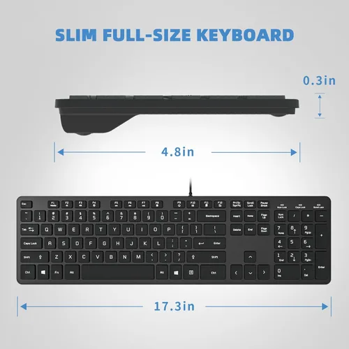 Vista 4 de Teclado con cable USB, teclas cómodas y silenciosas de chocolate, teclado de computadora ultradelgado y duradero con cable (QWERTY) para PC, Windows